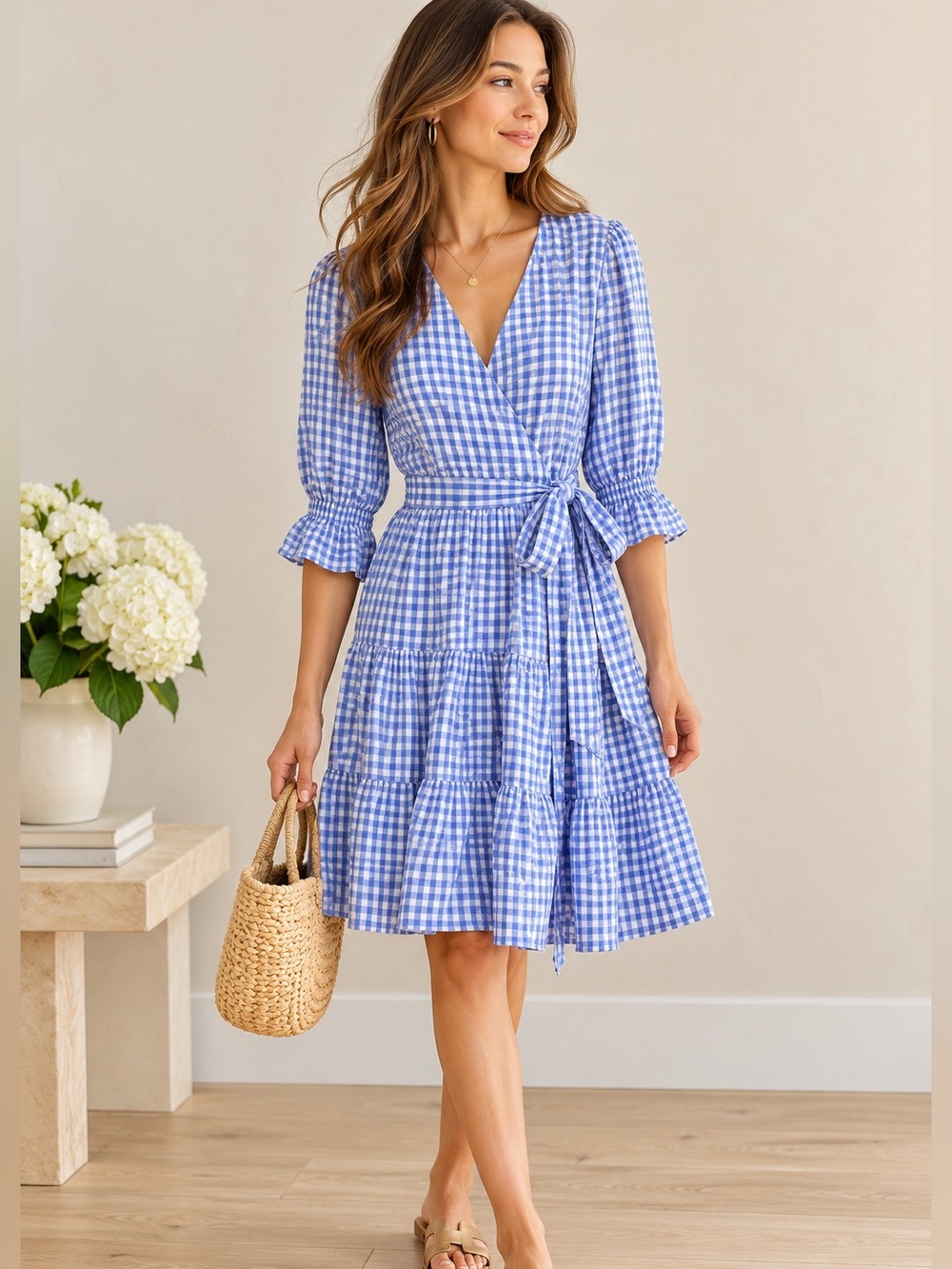 Lauren Ralph Lauren 100% Linen Blue Gingham Wrap Dress Size 16